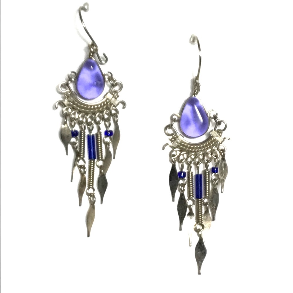 Lavender teardrop and blue bead earrings